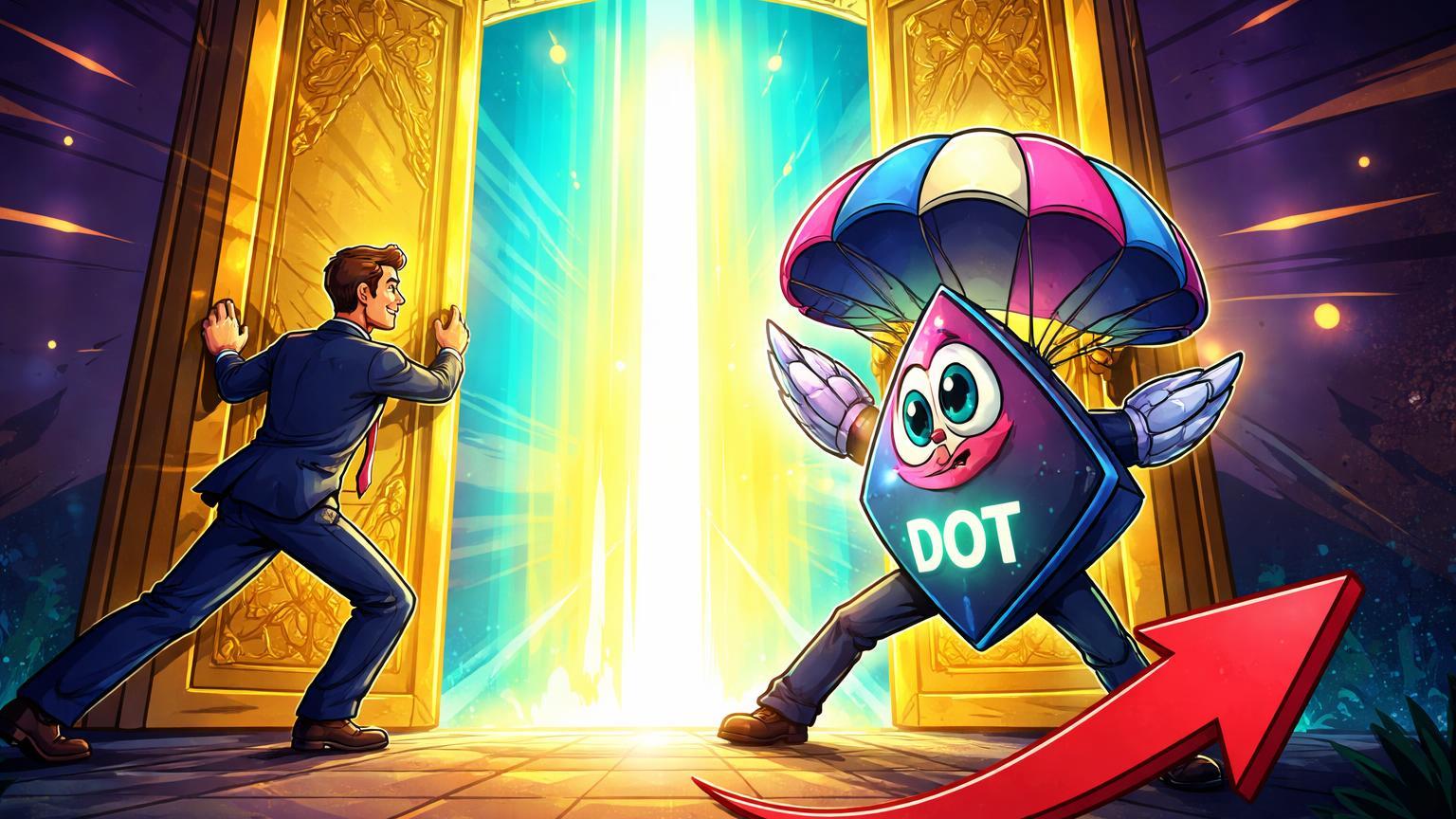 Personagens cartoon abrindo portas douradas da Nasdaq com luz cyan emergente, mas seta vermelha no DOT simbolizando queda apesar do ETF spot