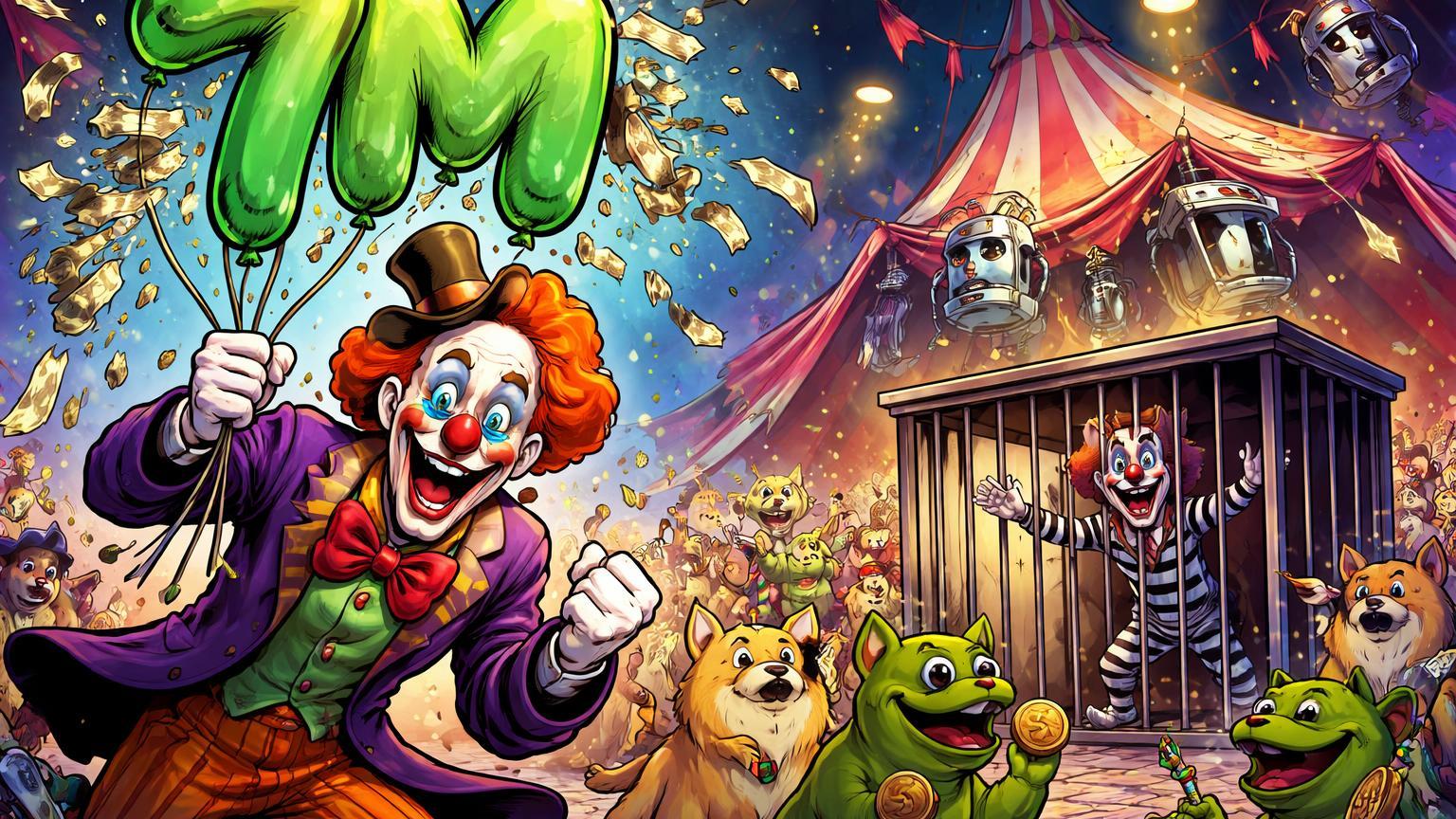 Palhaços cartoon em circo caótico: um estourando balões 7M falsos, outro na jaula shillando memecoins, satirizando fraudes Web3/AI