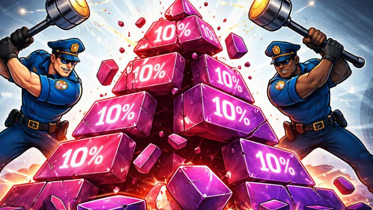 Policiais cartoon derrubando pirâmide de blocos cripto com '10%' rachado, simbolizando desmantelamento de esquemas piramidais fraudulentos