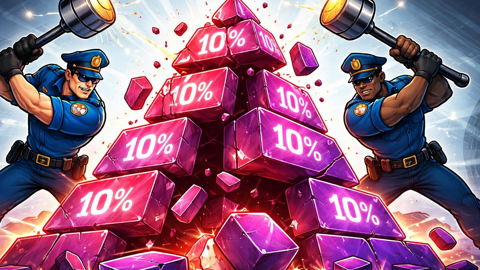 Policiais cartoon derrubando pirâmide de blocos cripto com '10%' rachado, simbolizando desmantelamento de esquemas piramidais fraudulentos