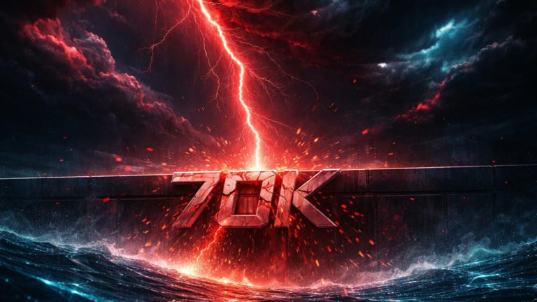 Tempestade cibernética rompendo barreira '70K' do Bitcoin com raios vermelhos, simbolizando queda por payroll fraco e tensões geopolíticas