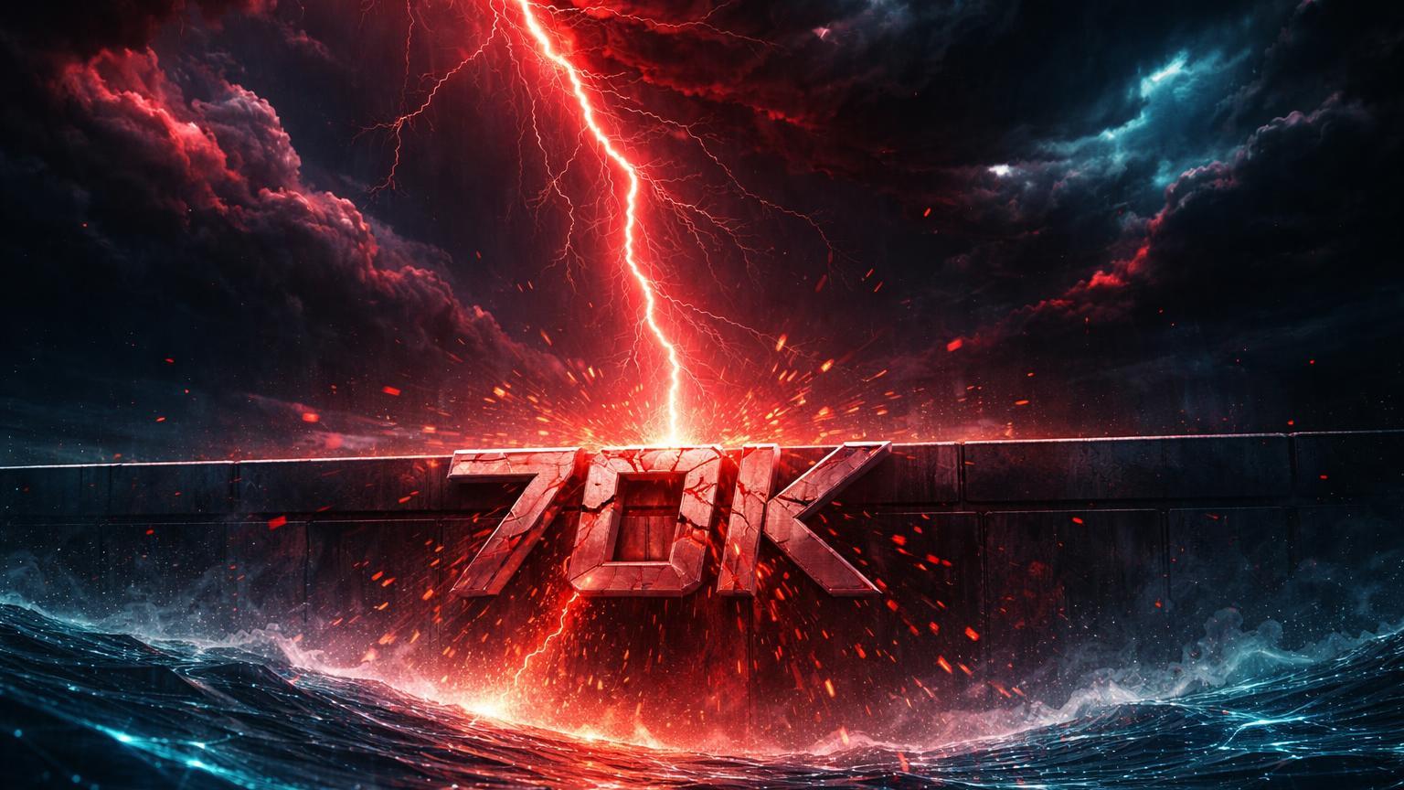 Tempestade cibernética rompendo barreira '70K' do Bitcoin com raios vermelhos, simbolizando queda por payroll fraco e tensões geopolíticas