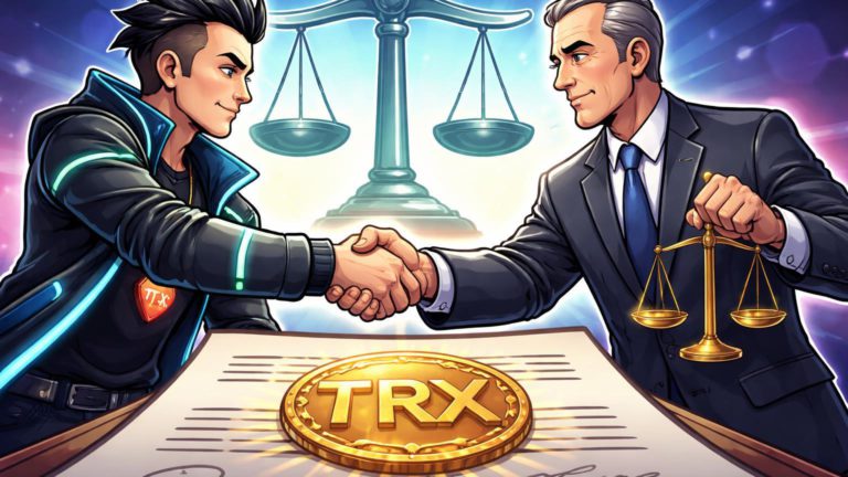 Personagens cartoon de Tron e SEC apertando mãos sobre documento com selo TRX, simbolizando acordo regulatório resolvido após multa