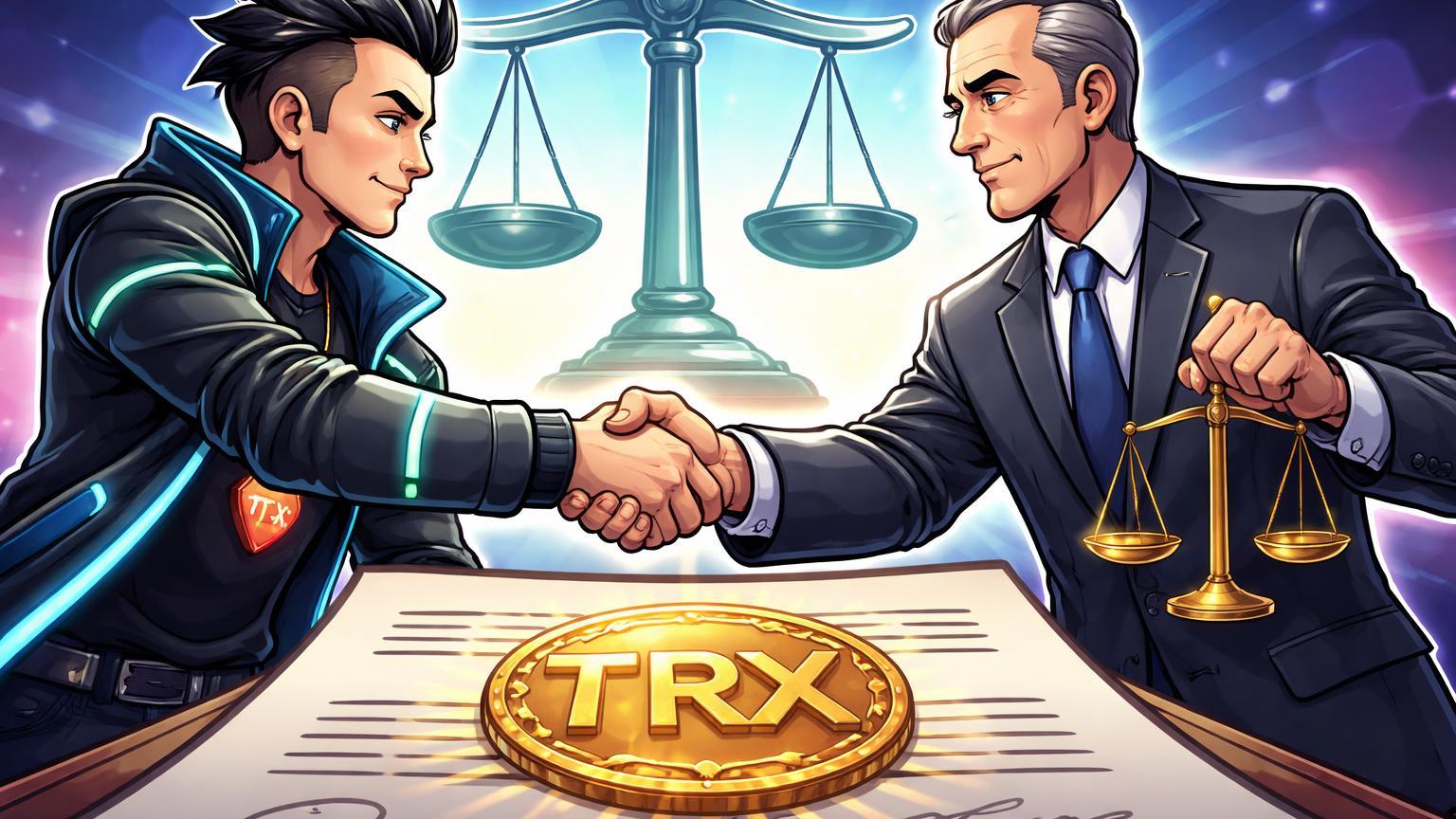 Personagens cartoon de Tron e SEC apertando mãos sobre documento com selo TRX, simbolizando acordo regulatório resolvido após multa