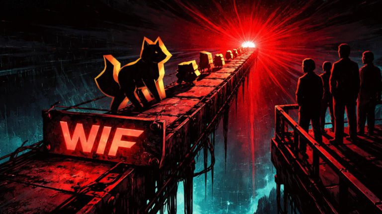 Passarela metálica sobre abismo digital com silhueta de token WIF avançando para luz vermelha, simbolizando risco de delisting na Binance