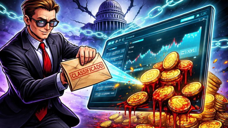 Insider cartoon injetando segredos em tela de apostas preditivas, expelindo moedas manchadas de vermelho, simbolizando escândalo no Polymarket