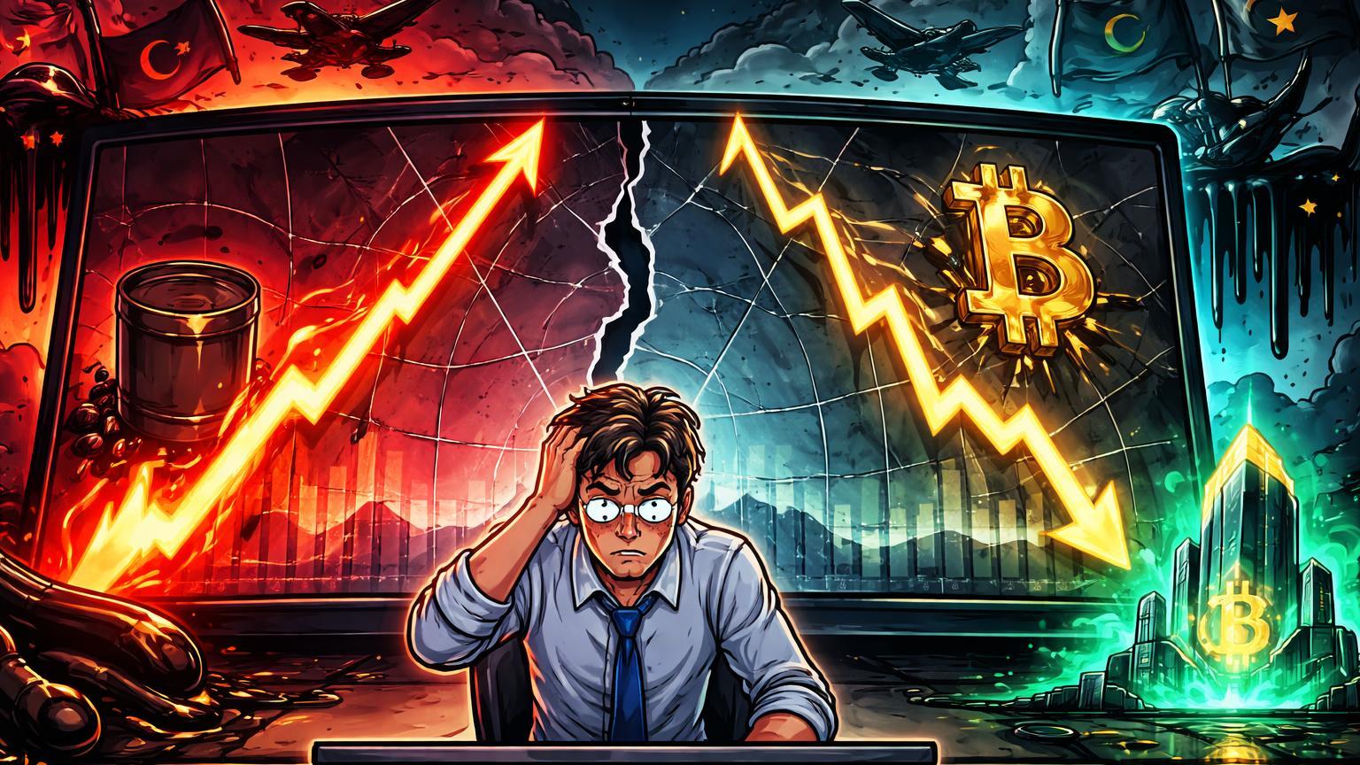 Trader cartoon preocupado com tela mostrando petróleo disparando e Bitcoin pressionado por conflito EUA-Irã, com fortaleza Binance vitoriosa