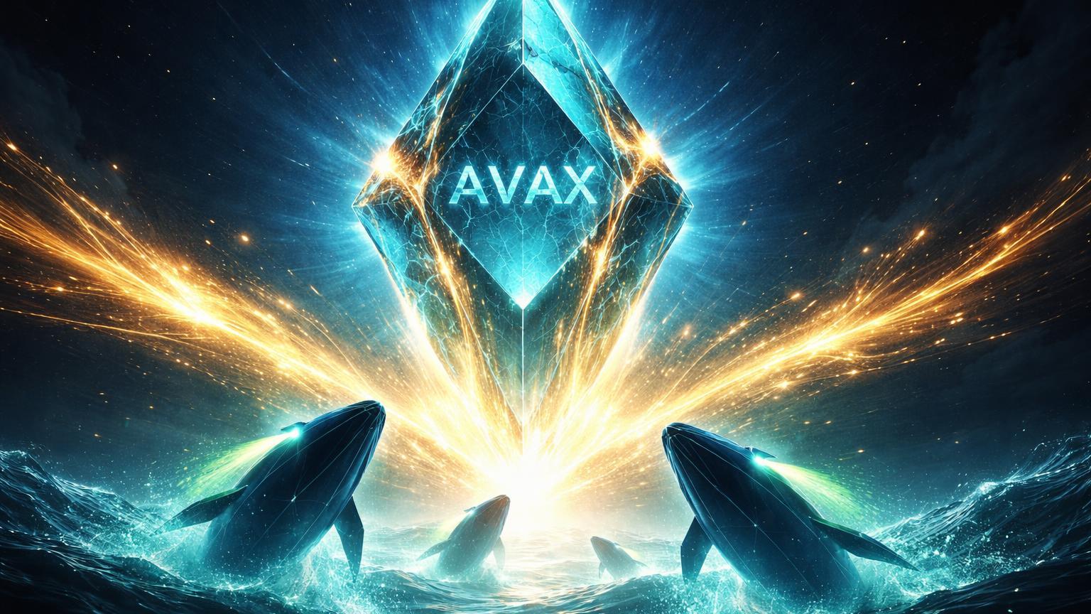 Cristal AVAX pulsando com ondas douradas de buyback e silhuetas de baleias impulsionando, simbolizando programa de recompra e tese de alta