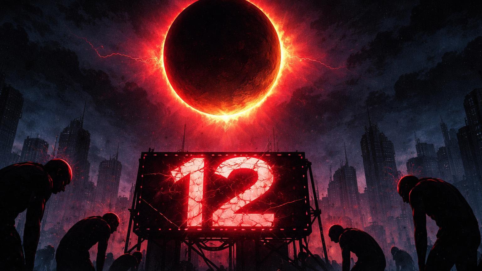 Eclipse vermelho obscurecendo sol Bitcoin com placa neon '12' rachada e silhuetas de holders pressionados, ilustrando medo extremo no mercado