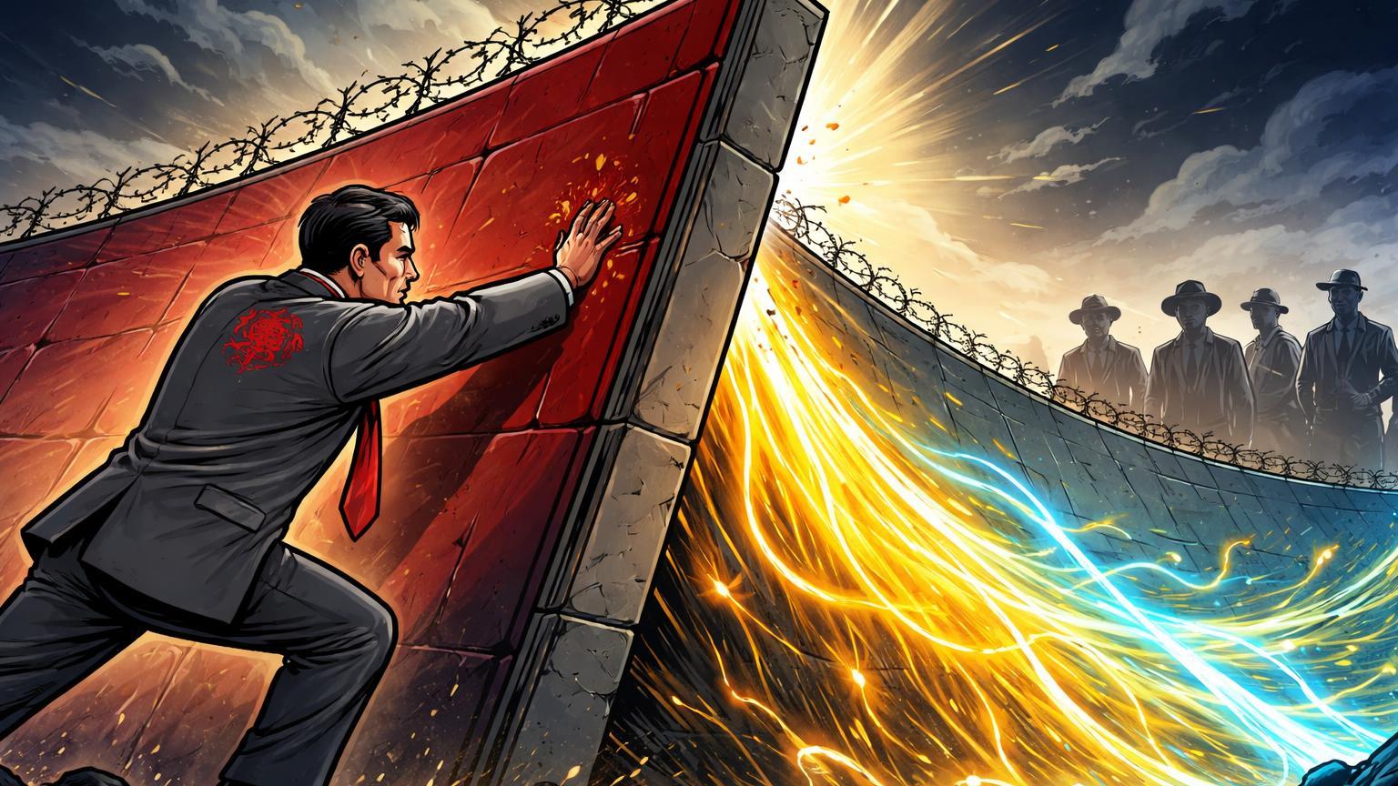 Autoridade cartoon chinesa erguendo parede vermelha contra fluxo dourado de Bitcoin, com traders globais observando, simbolizando pressão regulatória da China