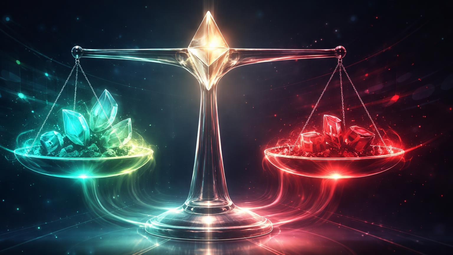 Balança de vidro translúcido com fluxos cyan de ETH acumulando de um lado e vermelho saindo do outro, simbolizando tensão entre on-chain e ETFs em Ethereum