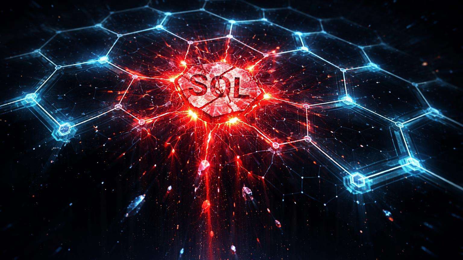 Rede cristalina hexagonal de Solana rachando com fissuras vermelhas no nó SOL, alertando risco de correção e liquidações alavancadas