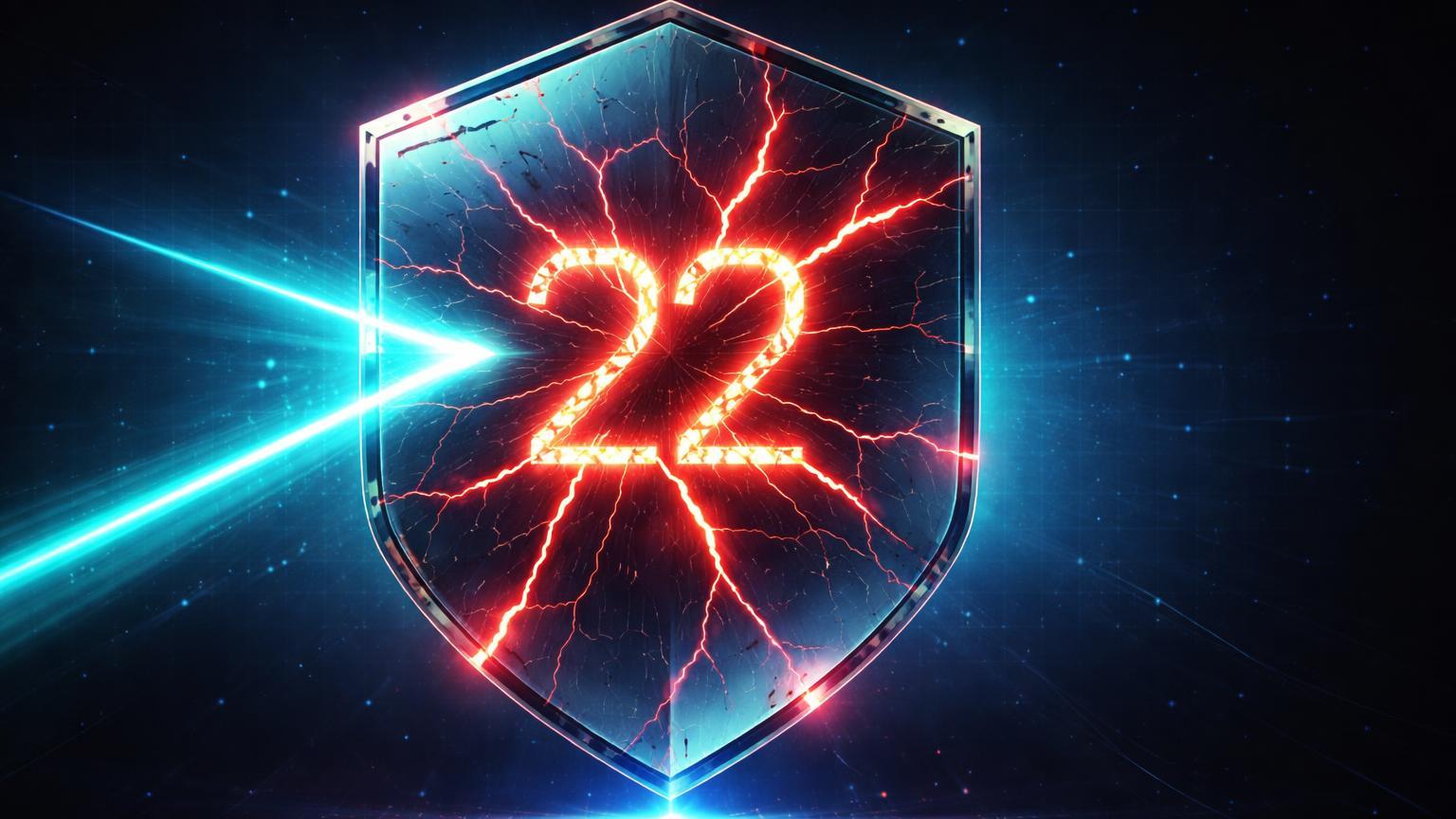 Escudo digital hexagonal com 22 fissuras vermelhas, 14 graves, reveladas por feixe IA cyan, alertando vulnerabilidades no Firefox para Web3