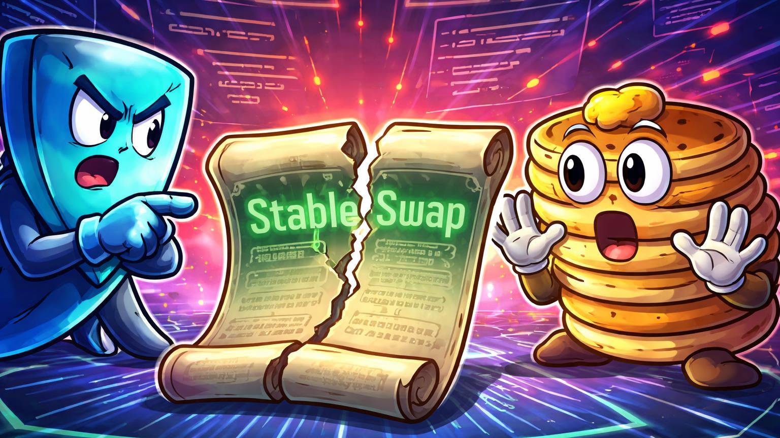 Personagens cartoon Curve e PancakeSwap confrontando-se sobre pergaminho StableSwap rachado, simbolizando guerra de licenças no DeFi