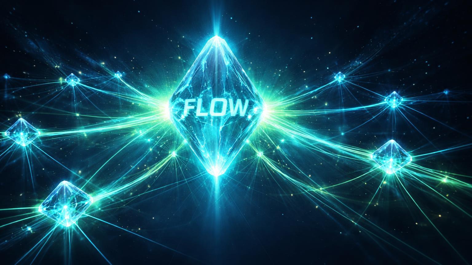 Rede cristalina com fluxo cyan restaurado e sigla FLOW central brilhante, simbolizando alívio na restauração de negociações na HTX