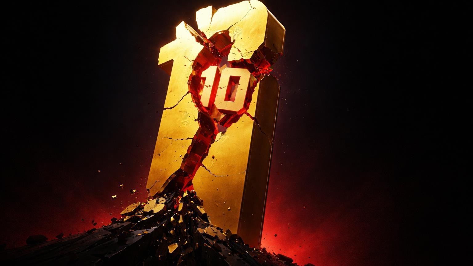 Pilar dourado bold com rachadura vermelha contendo '10', inclinando-se para colapso em abismo negro, simbolizando Bull Score mínimo e bear profundo no Bitcoin