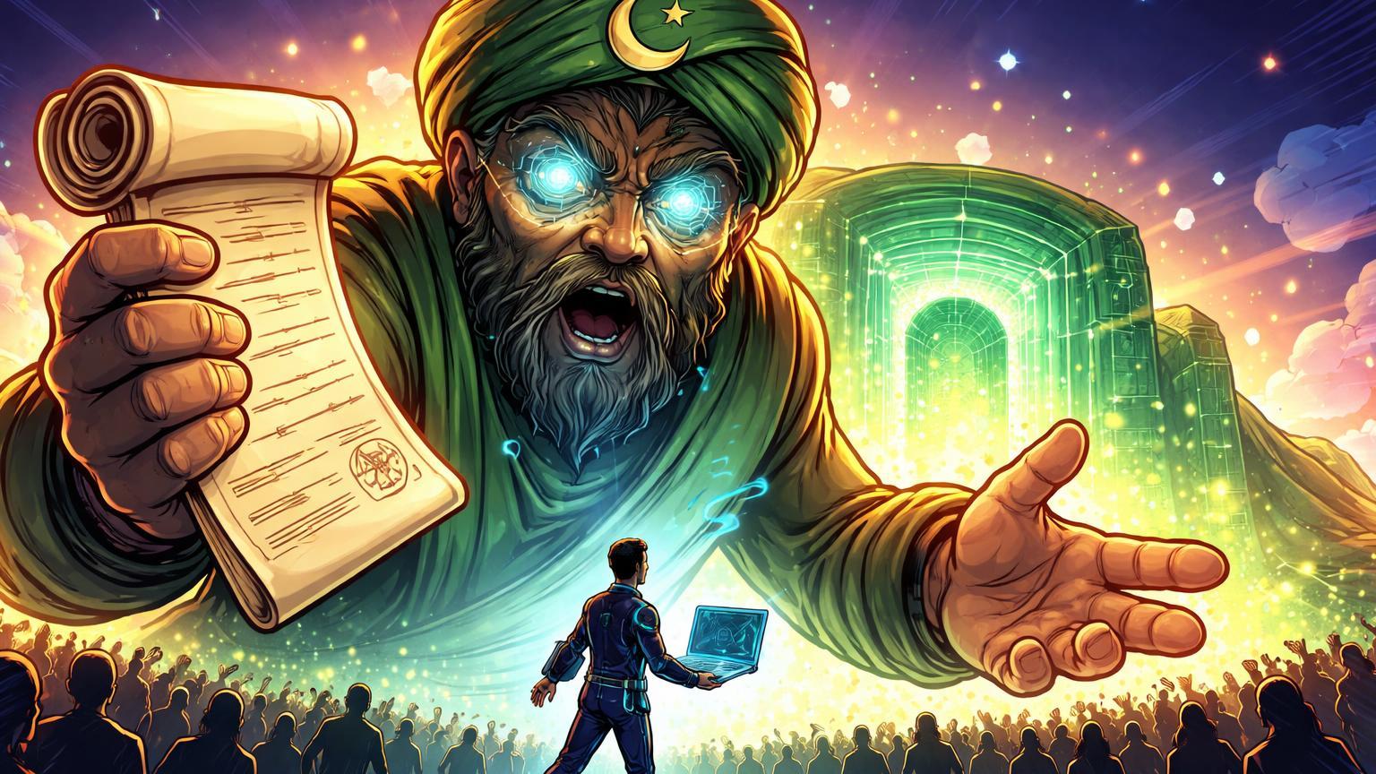 Gigante cartoon despertando com olhos cyan e dourados, estendendo mão para exchange, simbolizando aprovação da lei cripto no Paquistão