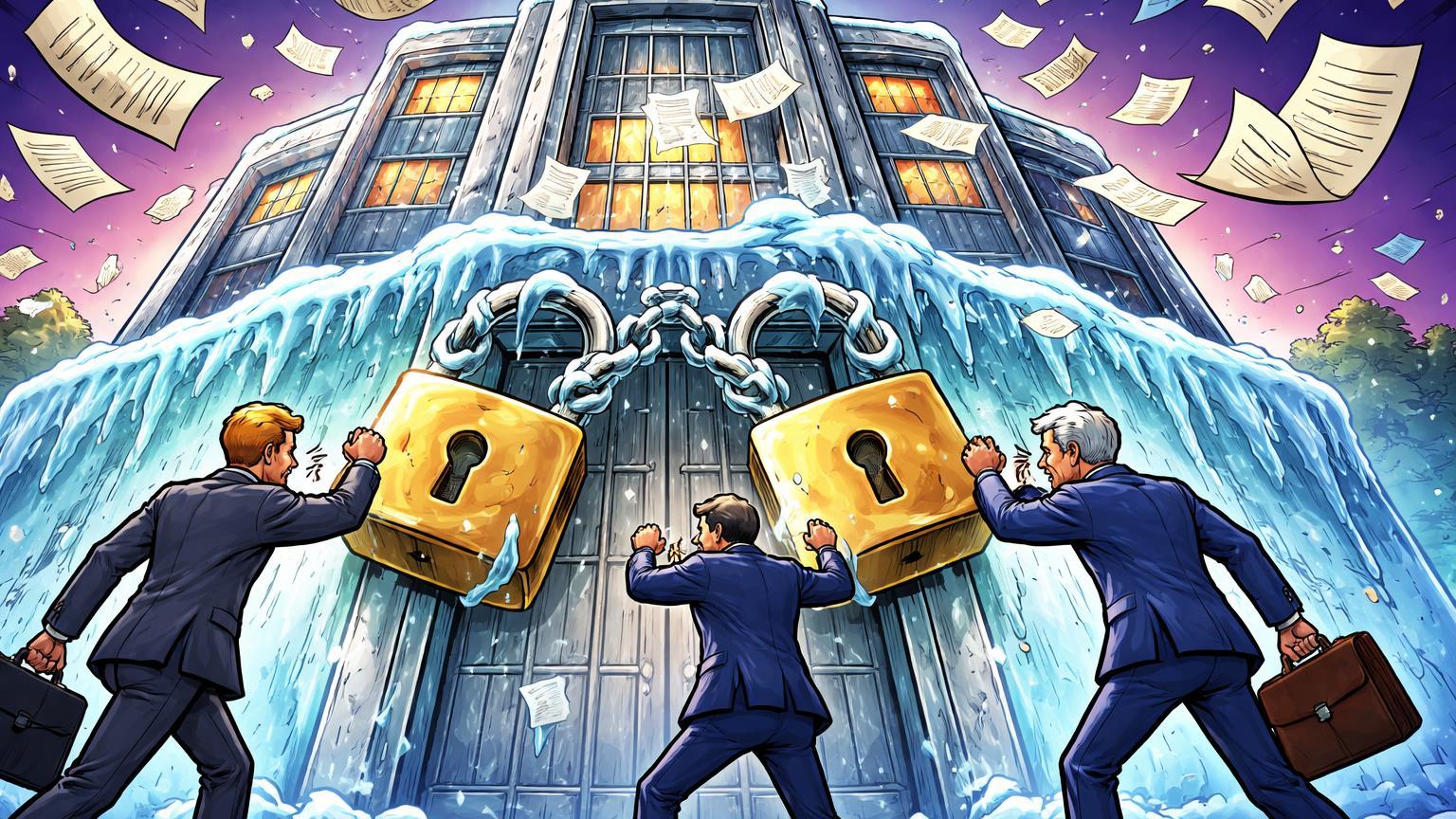 Executivos institucionais cartoon batendo em portões congelados de prédio exchange com papéis judiciais voando, alertando crise na BlockFills