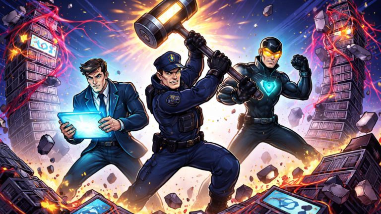 Personagens cartoon de tech e polícia derrubando torres de domínios phishing, simbolizando ação de Coinbase, Europol e Microsoft contra Tycoon 2FA