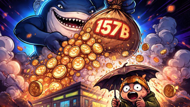 Baleia cartoon despejando avalanche de 157B SHIB sobre exchange, trader chocado se protegendo, capturando dump irônico de memecoin