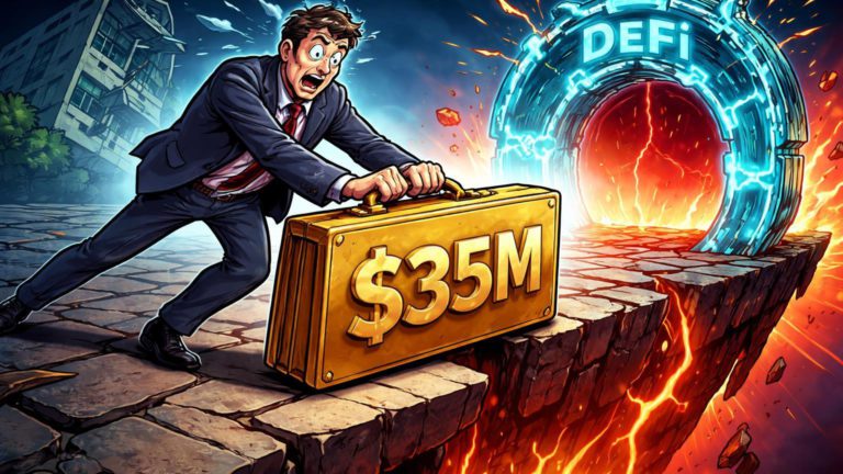 Executivo cartoon empurrando maleta '$35M' para portal DeFi colapsante Terra, simbolizando escândalo de fraude e falha em governança corporativa