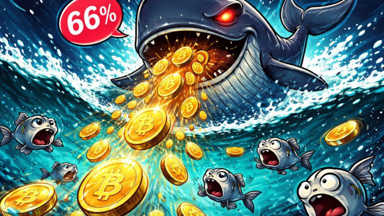 Baleia cartoon colossal expelindo moedas BTC sobre peixes varejo em panico, com '66%' flutuando, alertando vendas de baleias e risco de liquidacao