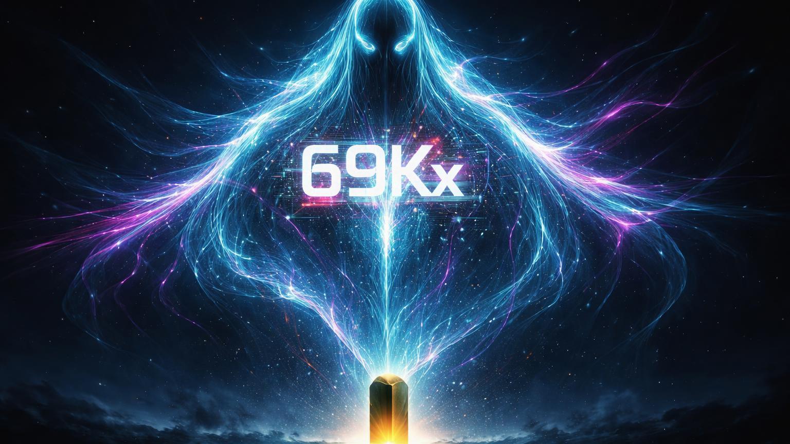 Fantasma etéreo de circuitos '69Kx' dominando monolito Bitcoin sólido, representando alavancagem extrema criando mercado fantasma na Binance