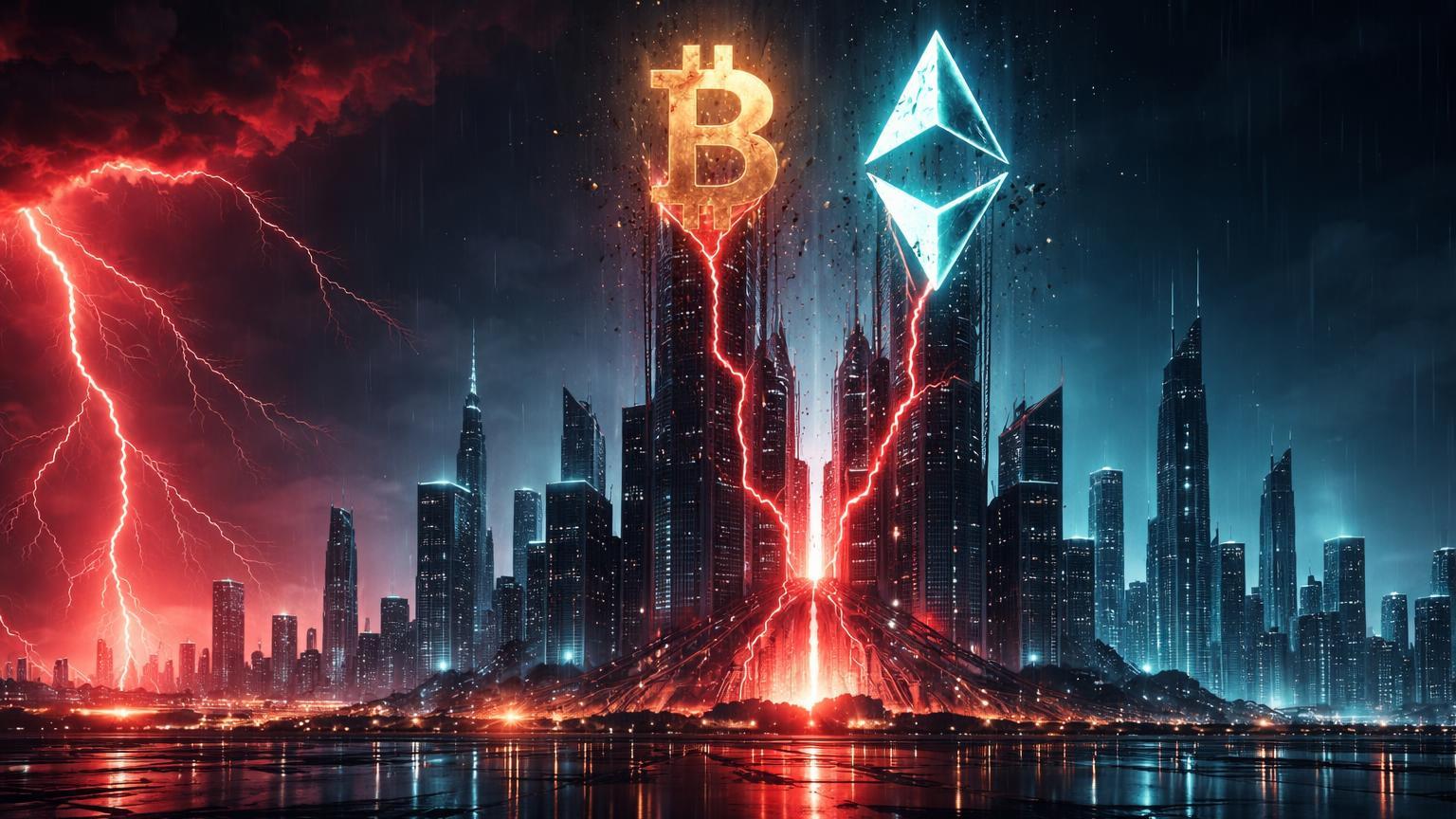 Skyline cyberpunk de Dubai sob tempestade vermelha geopolítica e rachaduras internas, simbolizando crise e riscos insiders no mercado cripto