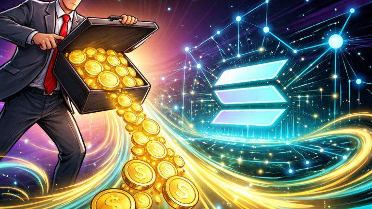 Executivo cartoon despejando stablecoins douradas em rede Solana cyan pulsante com glifo SOL, simbolizando lançamento USDPT pela Western Union