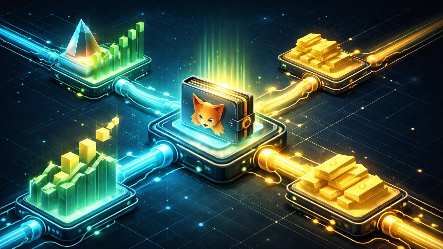 Hub isométrico de wallet DeFi integrando fluxos tokenizados de ações americanas, S&P 500 e ouro, simbolizando nova funcionalidade da MetaMask