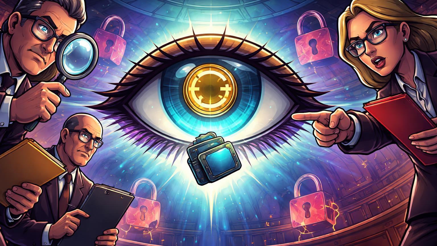 Figuras políticas cartoon examinando olho de íris com símbolo cripto, representando investigação da CPI contra Worldcoin e riscos à privacidade