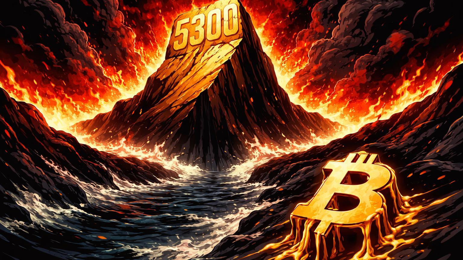 Estreito de Ormuz em chamas bloqueado com pico de ouro '5300' ascendendo acima e Bitcoin derretendo, simbolizando crise petrolifera e hedge em ouro