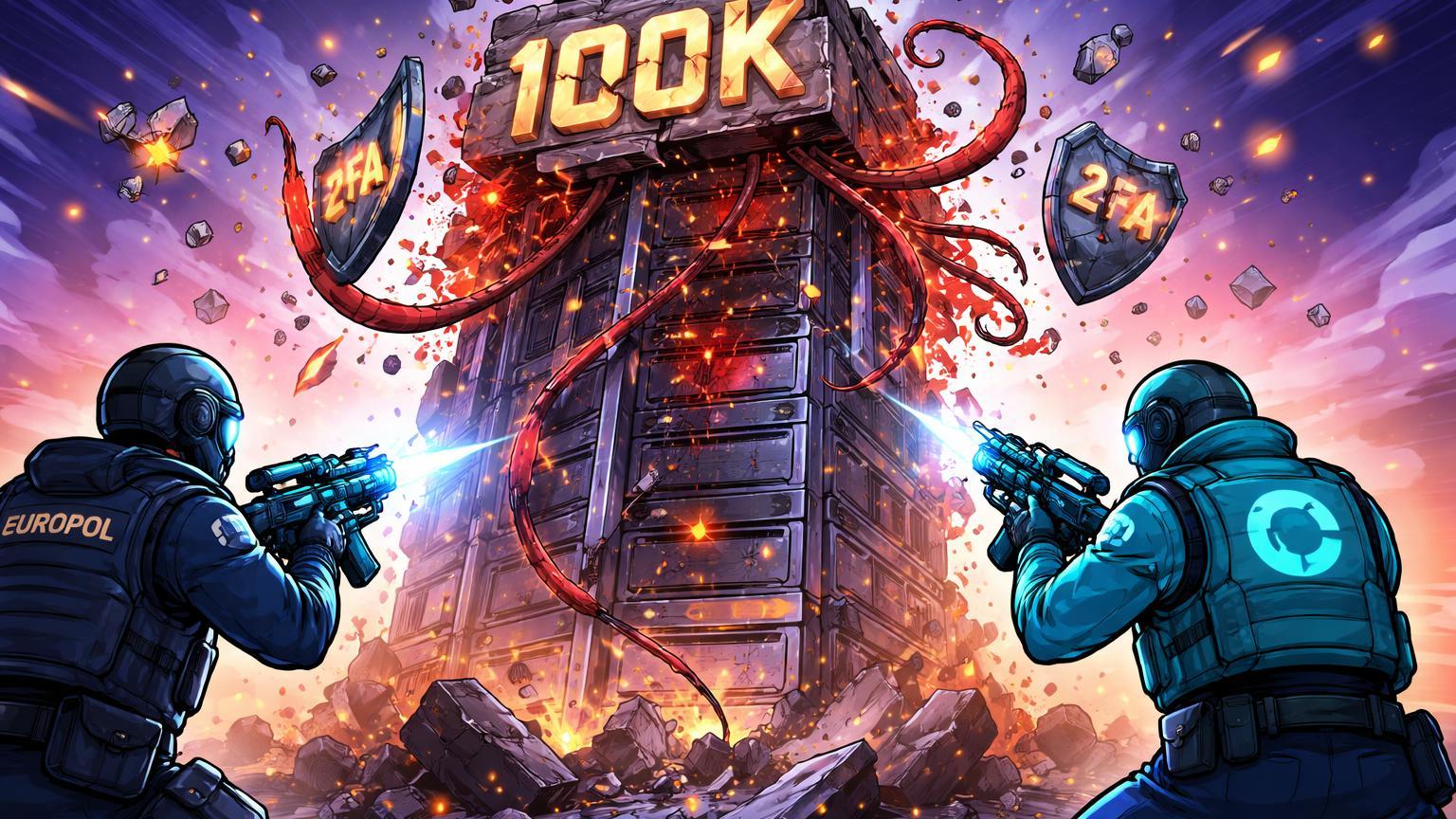 Agentes cibernéticos cartoon derrubando torre de phishing com 100K rachado, celebrando desmantelamento da rede Tycoon 2FA por Coinbase e Europol