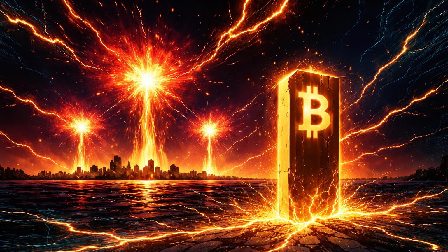 Explosões no horizonte do Golfo propagando ondas de choque a pilar Bitcoin dourado, simbolizando impacto geopolítico em hubs cripto