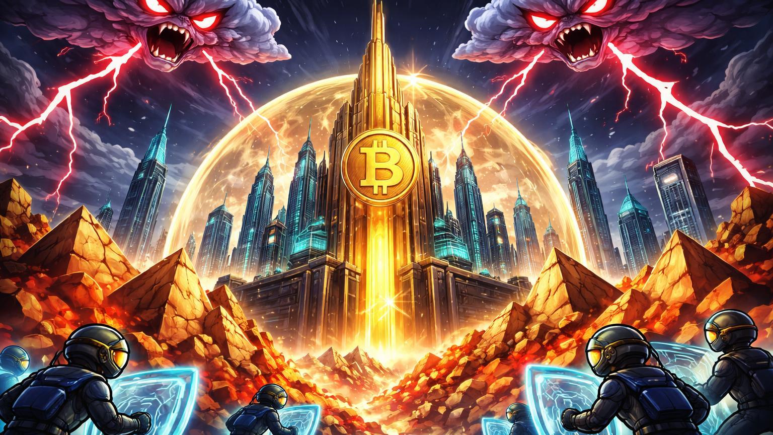 Fortaleza de Dubai sob nuvens de conflito geopolítico e pirâmides colapsando, protegida por torre BTC dourada e traders cartoon, ilustrando FUD cripto