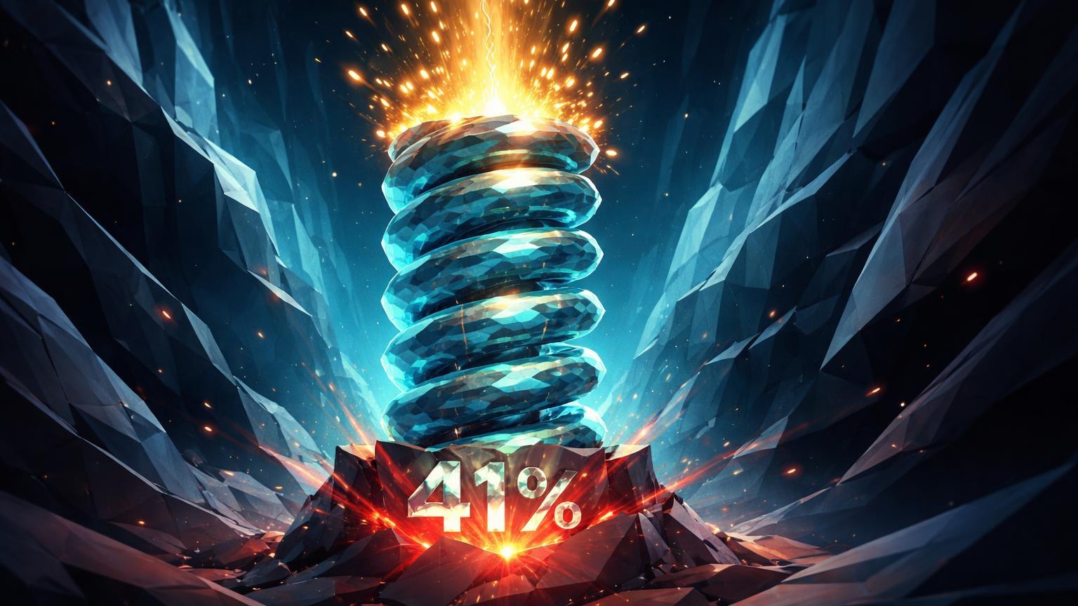 Mola low-poly comprimida em cânion digital com '41%' na base e energia dourada no topo, simbolizando setup de compra para NAKA após queda
