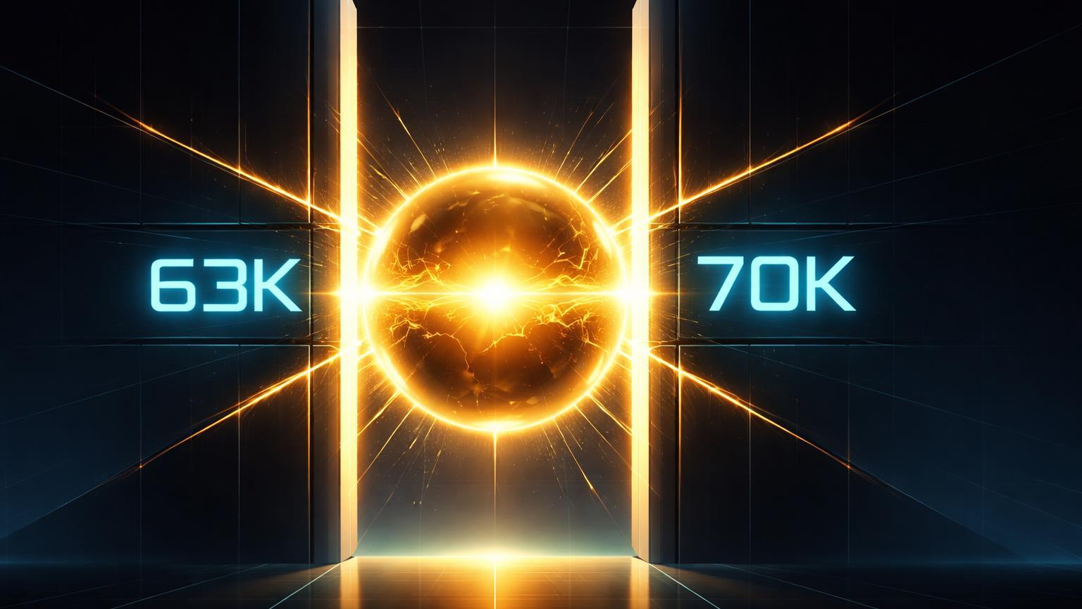 Núcleo dourado comprimido entre barreiras geométricas com 63K e 70K gravados, simbolizando range de consolidação do Bitcoin