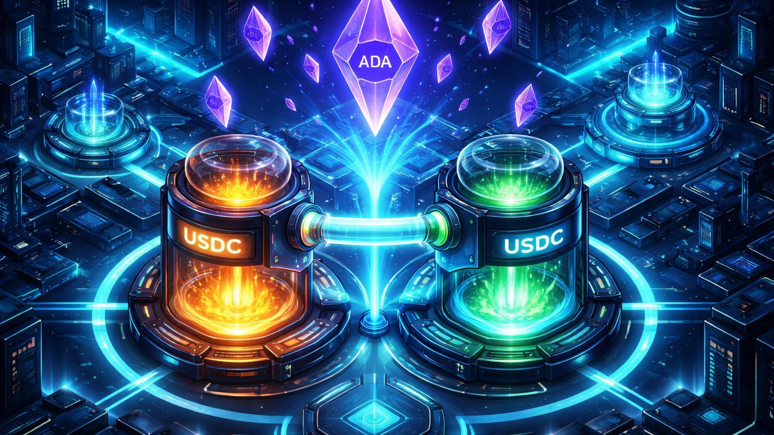 Estrutura isométrica da rede Cardano com módulo burn-and-mint injetando liquidez USDC nativa em plataformas DeFi, beneficiando holders de ADA
