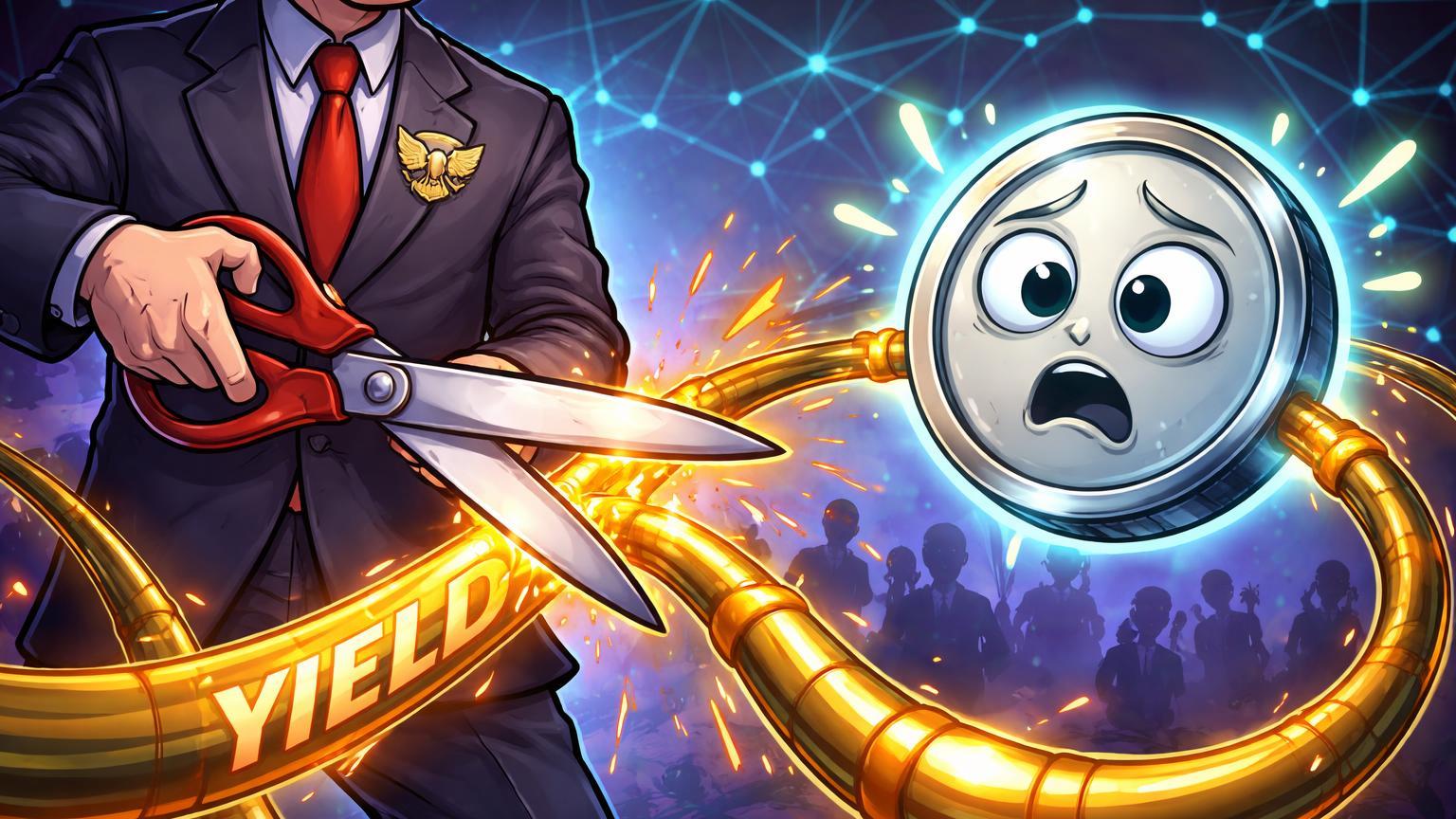 Regulador cartoon cortando cabos de yield dourados de stablecoin preocupada, com rede DeFi ao fundo, alertando riscos regulatórios da OCC em rendimentos