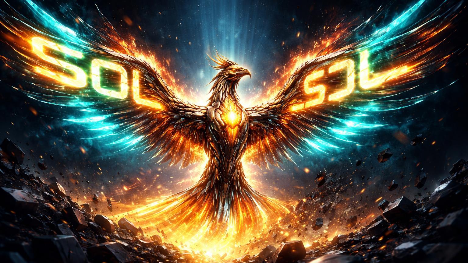 Fênix cibernética com asas de energia cyan e SOL renascendo de fragmentos digitais, simbolizando salto de 11% da Solana na recuperação cripto