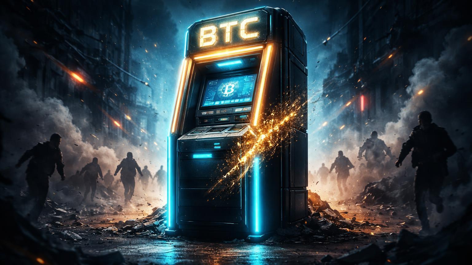ATM Bitcoin neon brilhando em rua cyberpunk em caos com fumaça e silhuetas, simbolizando resiliência 24/7 durante crise geopolítica EUA-Irã