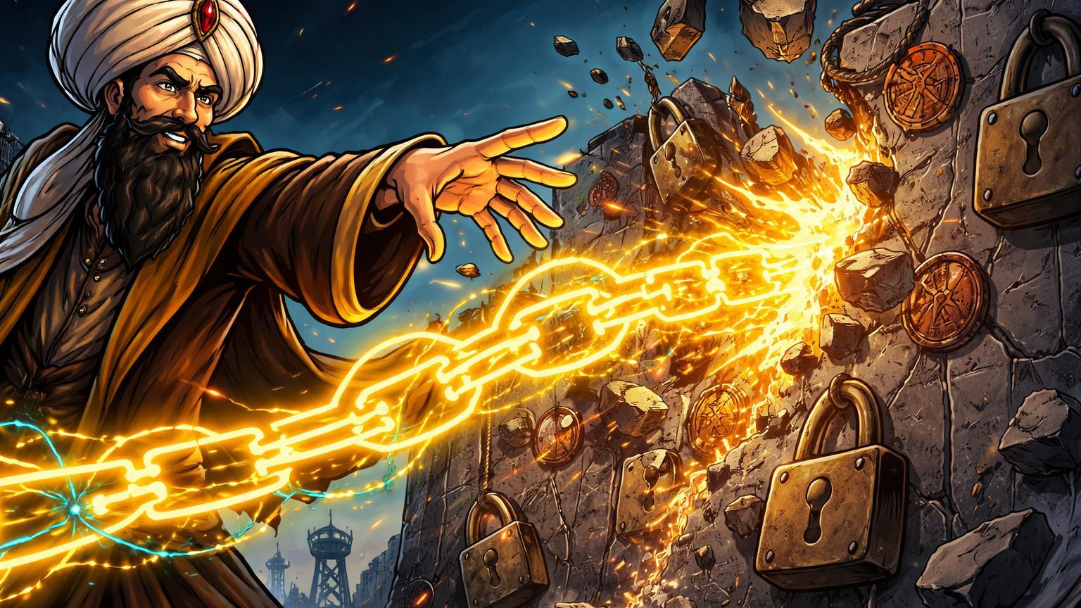 Personagem cartoon de líder estilizado guiando fluxo dourado de Bitcoin para romper muralha de sanções, revelando evasão iraniana