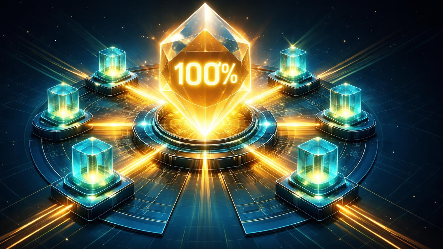 Estrutura isométrica DeFi com fluxos dourados de módulos convergindo para tesouro central com '100%', simbolizando aprovação DAO Aave