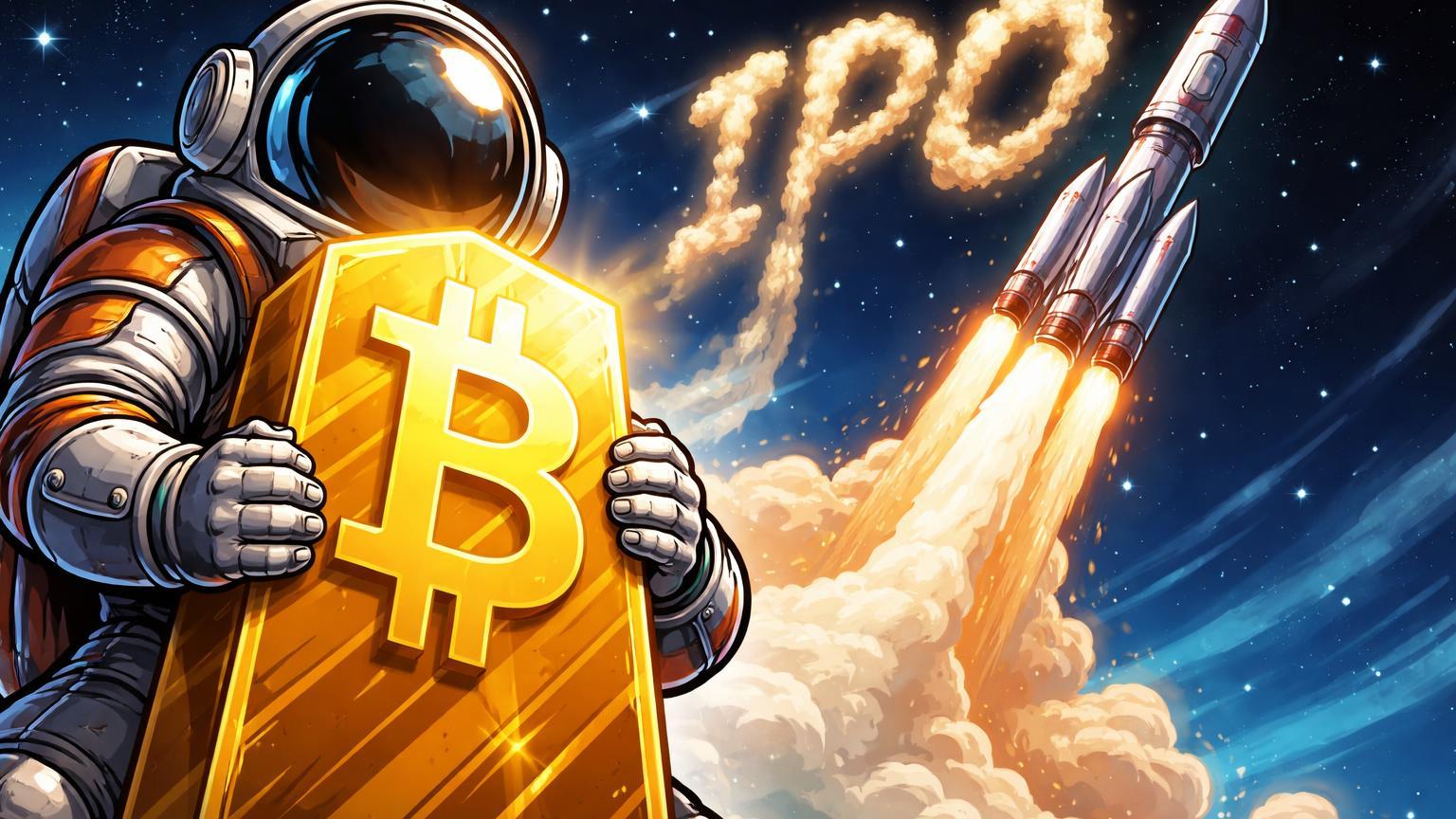 Astronauta cartoon protegendo monolito Bitcoin dourado com foguete IPO decolando, simbolizando HODL da SpaceX como reserva de valor