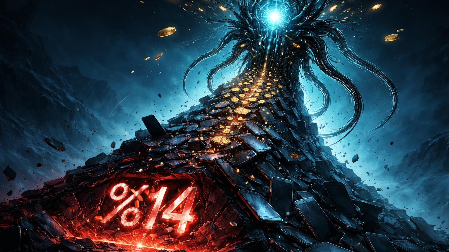 Estrutura IA surreal sugando chips de montanha de smartphones desmoronando com '' rachado, simbolizando encarecimento de celulares por IA em 2026