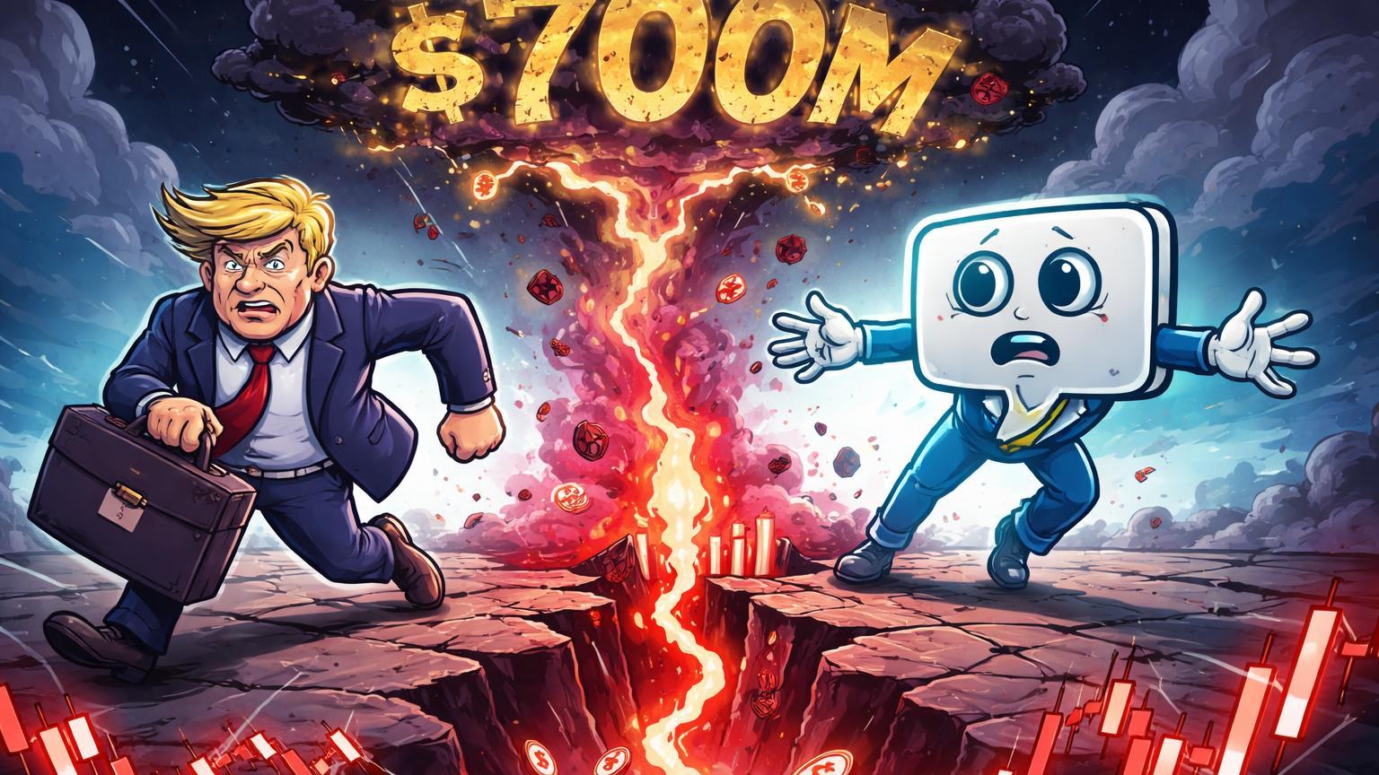 Figuras cartoon de Trump Media e Truth Social se separando sobre rachadura com perdas cripto de $700M, ilustrando spin-off forçado por prejuízos voláteis