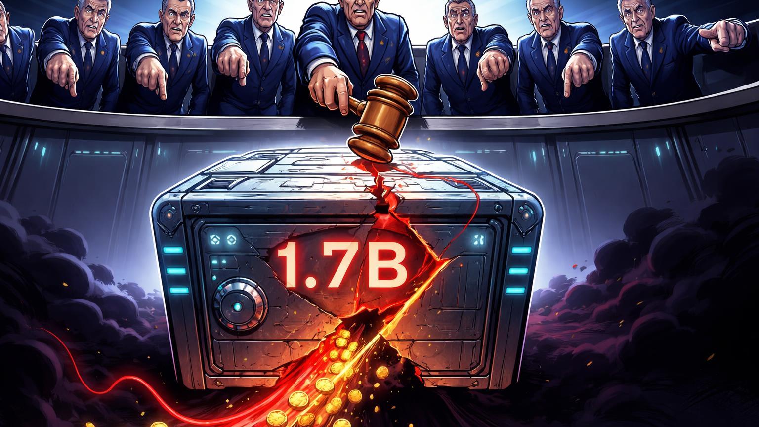 Senadores cartoon em tribunal apontando para cofre de exchange rachado com fluxos vermelhos, simbolizando investigação por transações ao Irã e risco de sanções