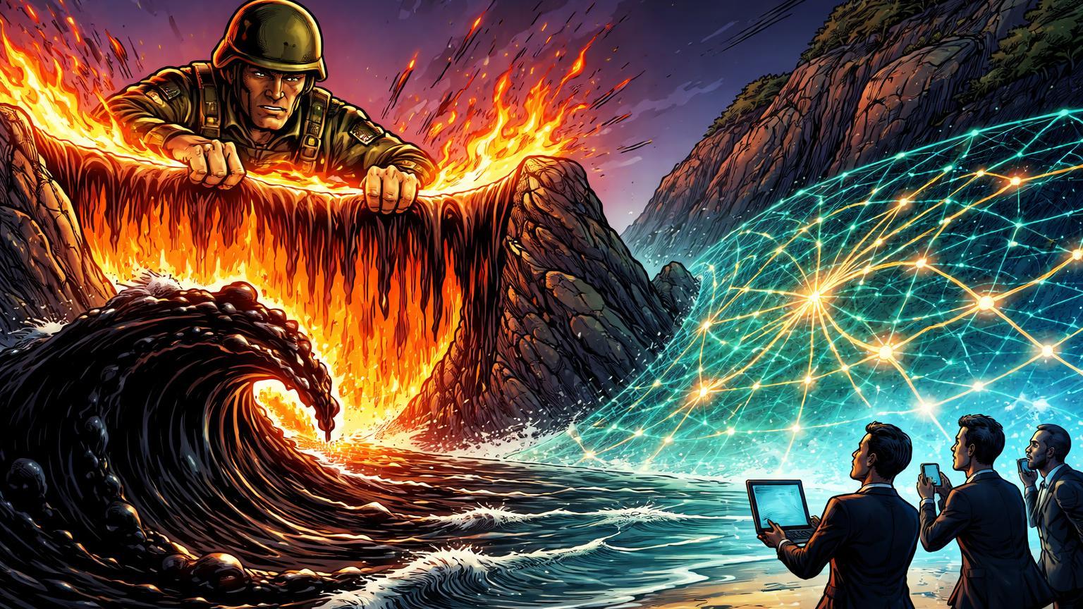 Gigante cartoon bloqueando estreito flamejante com óleo jorrando sobre rede digital cripto rachando, simbolizando tensão no Estreito de Ormuz afetando BTC