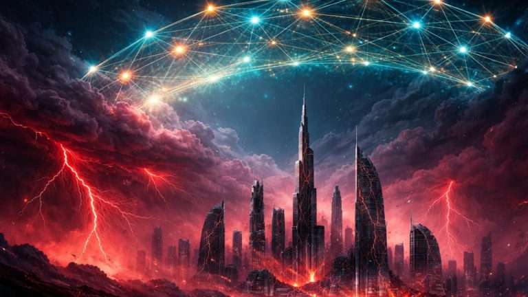Skyline de Dubai rachado por tormenta vermelha geopolitica com rede DeFi cyan-dourada resiliente acima, expondo vulnerabilidades de hubs cripto