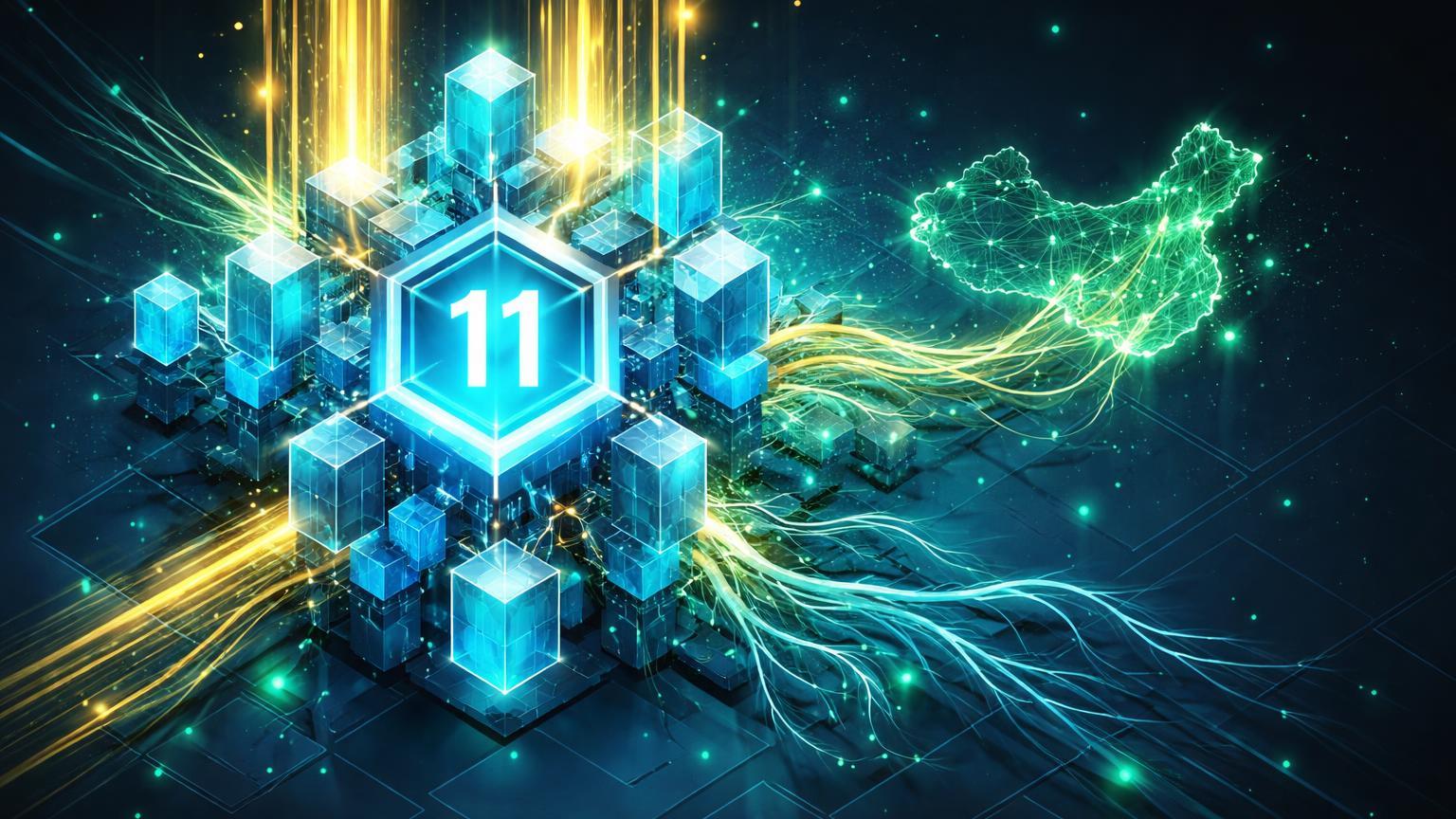 Estrutura cristalina isométrica Cardano com núcleo '11' e influxos dourados de 80M fluindo, raízes expandindo simbolizando hard fork e crescimento DeFi